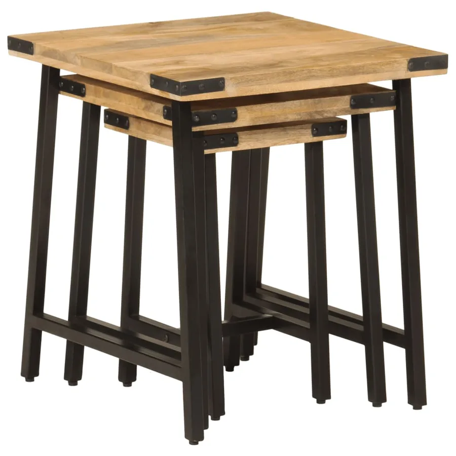 Tables basses gigognes 3 pcs bois massif de manguier et fer - 4