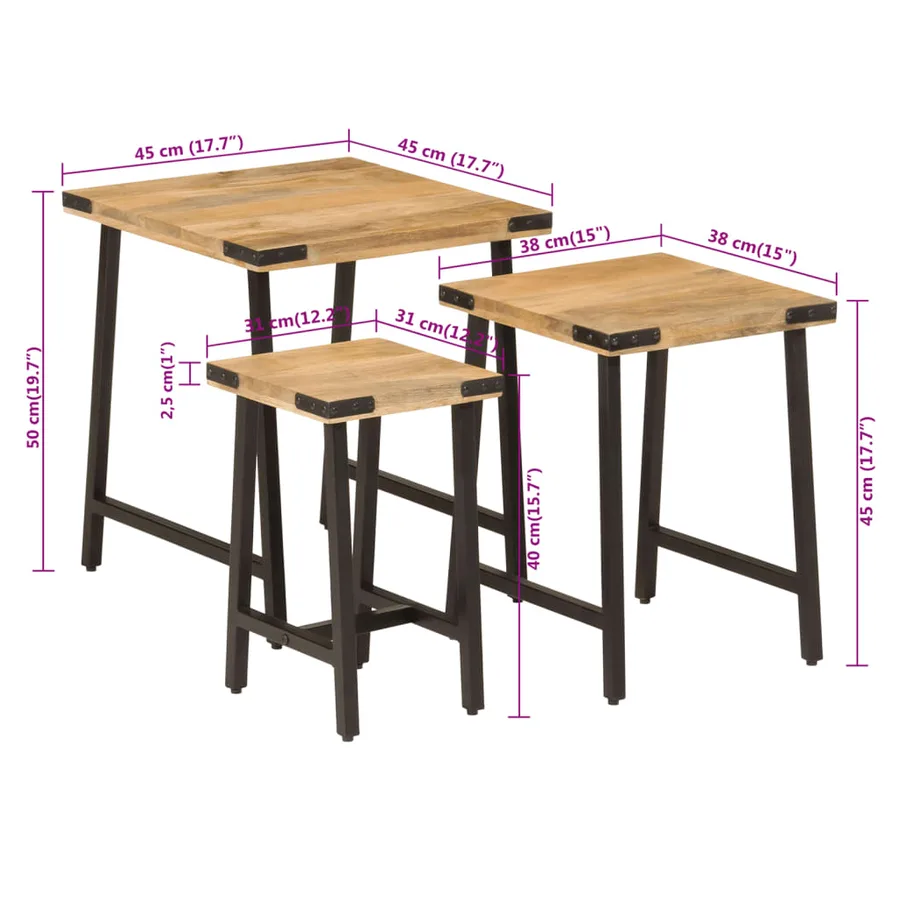 Tables basses gigognes 3 pcs bois massif de manguier et fer - 8