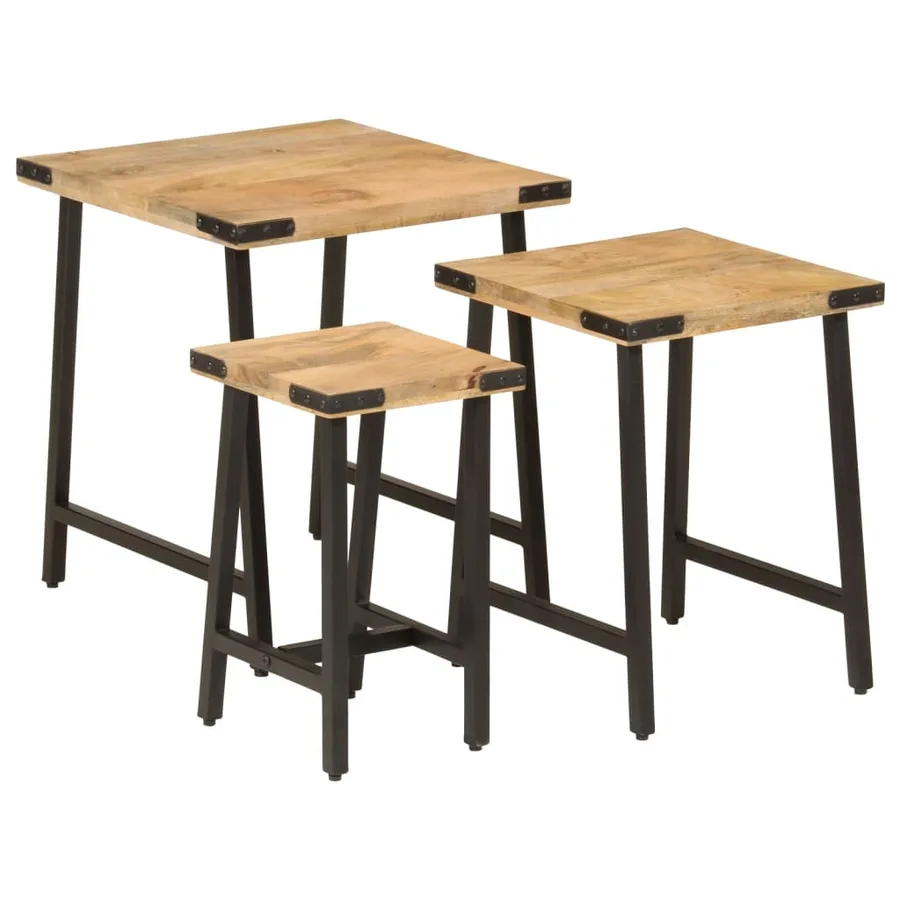 Tables basses gigognes 3 pcs bois massif de manguier et fer - 9