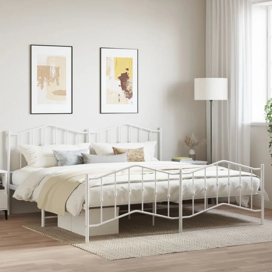 Cadre de lit métal sans matelas et pied de lit blanc 200x200 cm