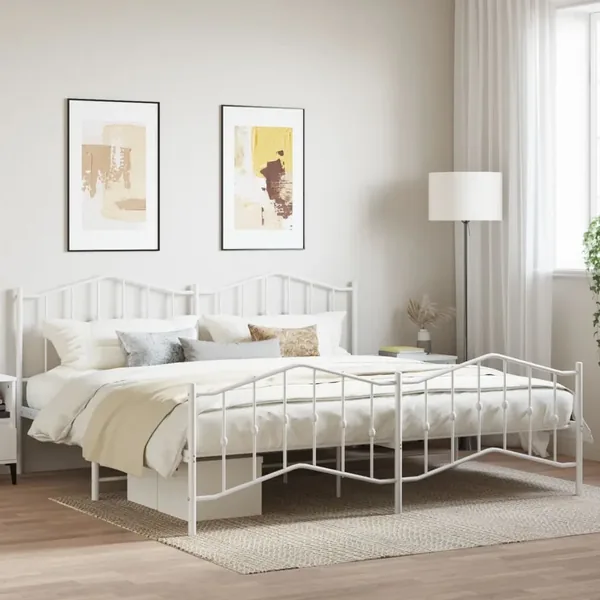 Cadre de lit métal sans matelas et pied de lit blanc 200x200 cm