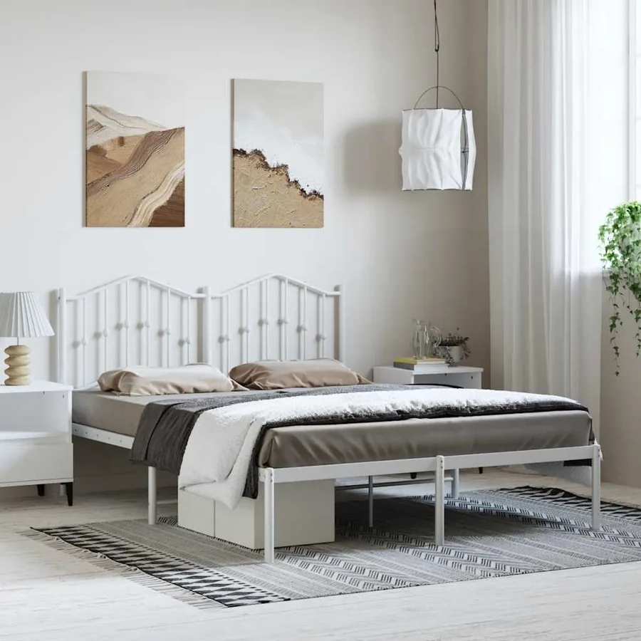 Cadre de lit métal sans matelas et tête de lit blanc 135x190 cm