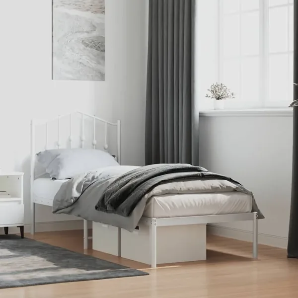Cadre de lit métal sans matelas avec tête de lit blanc 75x190cm