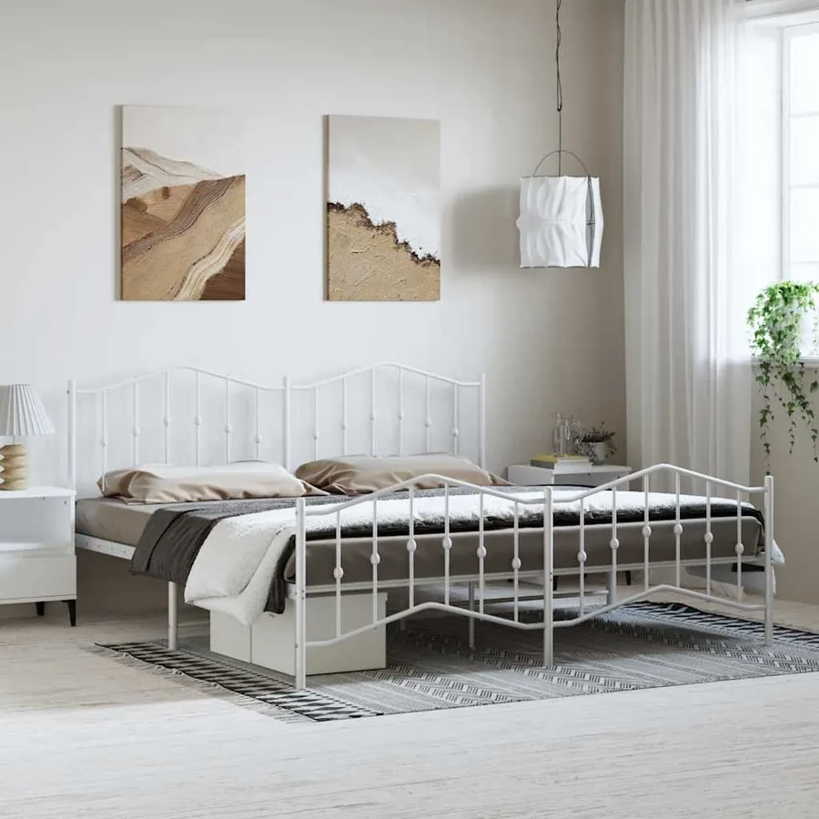 Cadre de lit métal sans matelas et pied de lit blanc 183x213 cm
