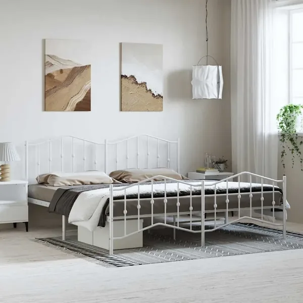 Cadre de lit métal sans matelas et pied de lit blanc 183x213 cm