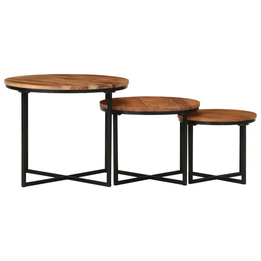 Tables basses gigognes 3 pcs bois massif d'acacia et fer - 2