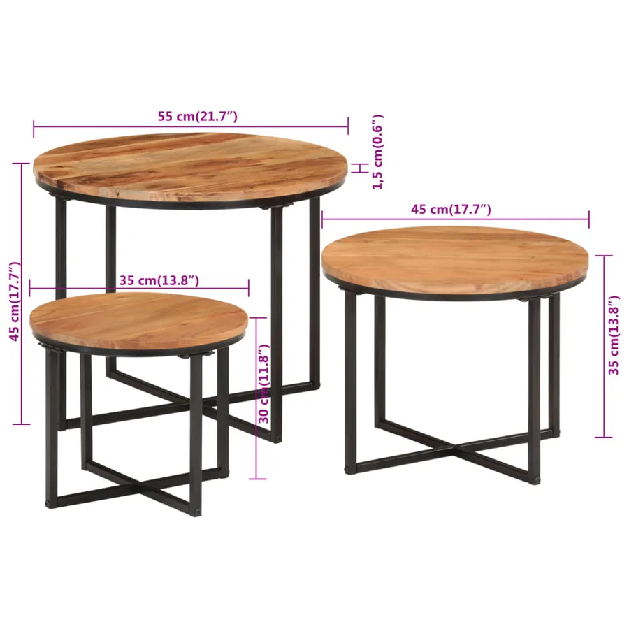 Tables basses gigognes 3 pcs bois massif d'acacia et fer - 7
