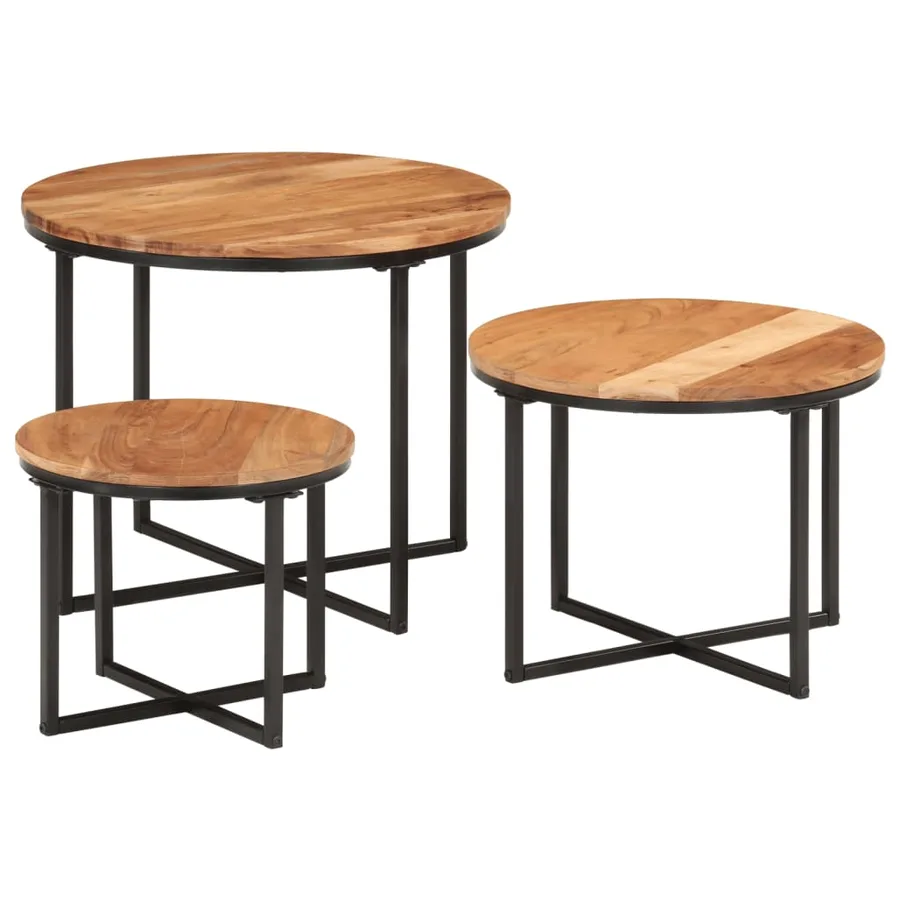 Tables basses gigognes 3 pcs bois massif d'acacia et fer - 8