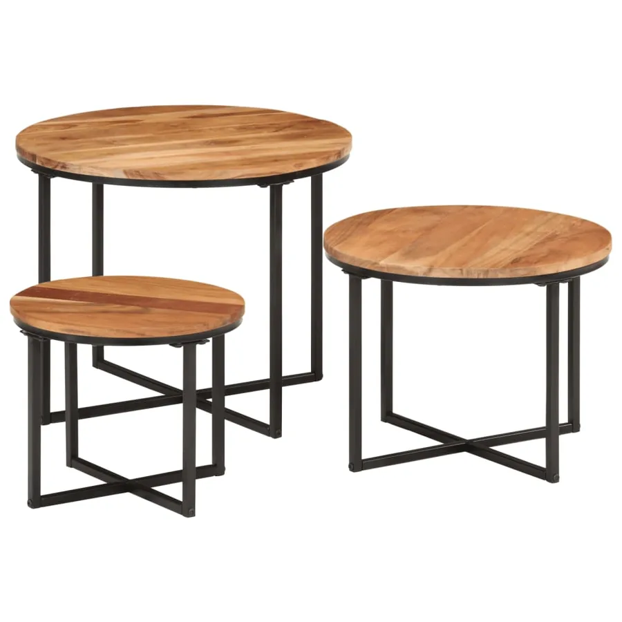 Tables basses gigognes 3 pcs bois massif d'acacia et fer - 9