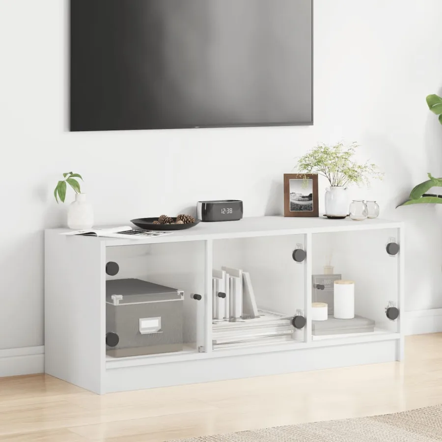 Meuble TV avec portes en verre blanc 102x37x42 cm - 3
