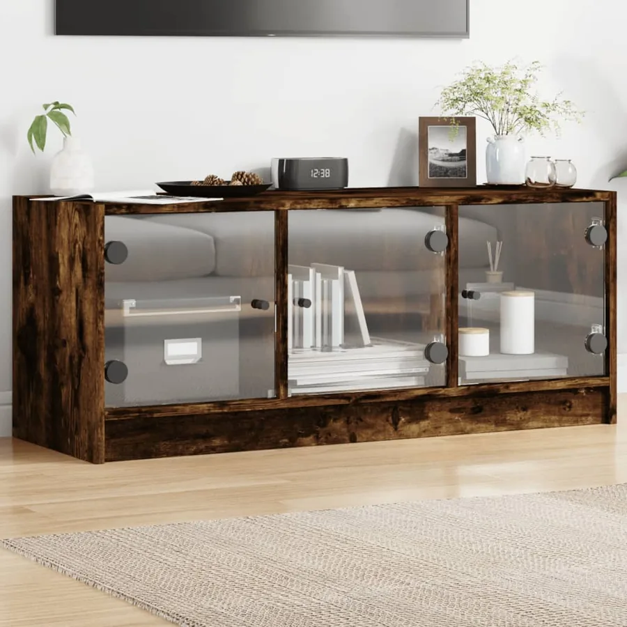 Meuble TV avec portes en verre chêne fumé 102x37x42 cm