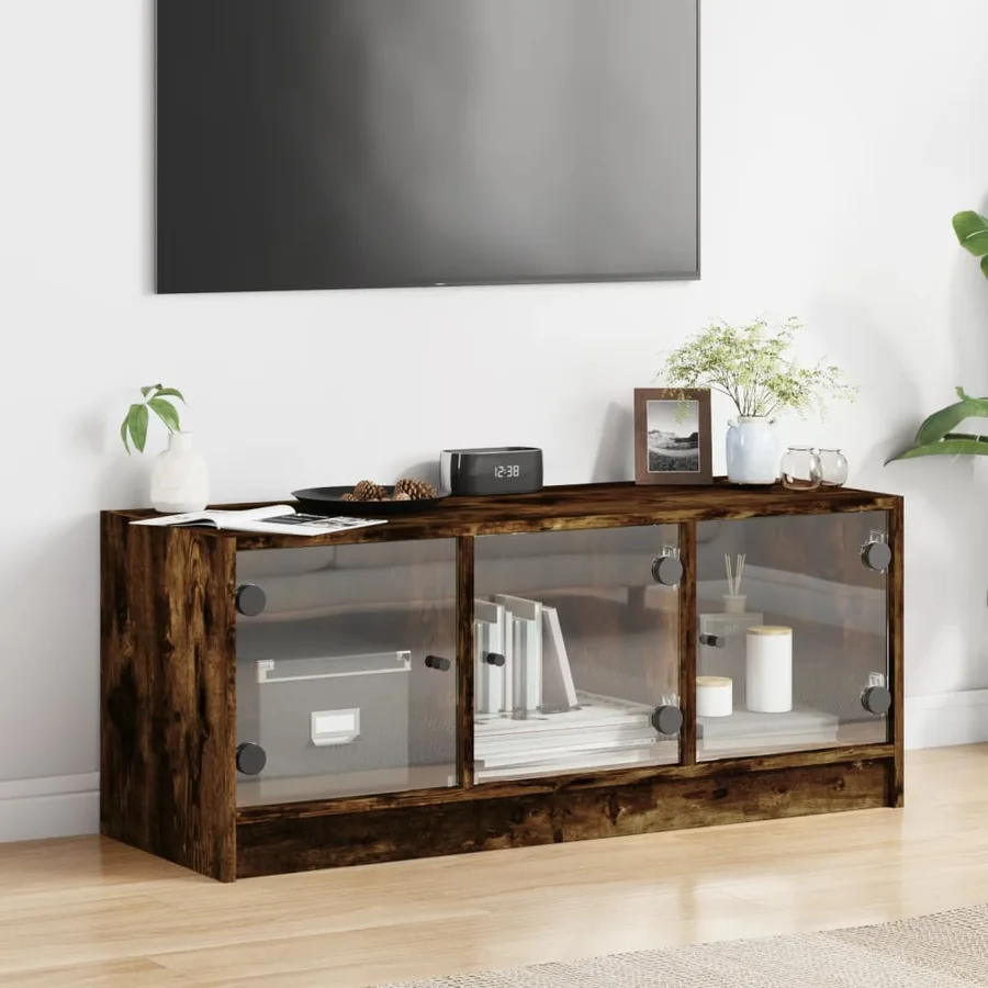 Meuble TV avec portes en verre chêne fumé 102x37x42 cm - 3