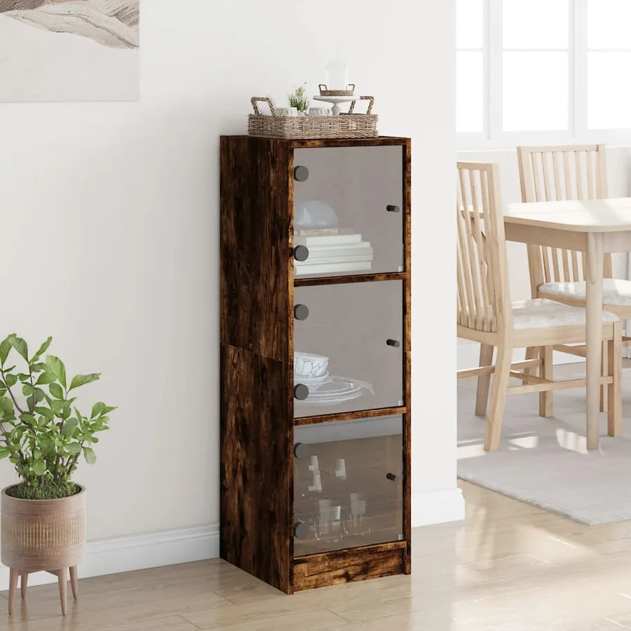 Buffet avec portes en verre chêne fumé 35x37x109 cm - 3