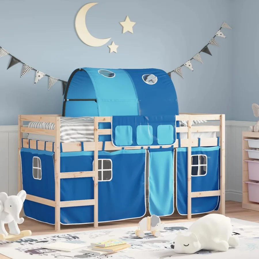 Lit mezzanine enfants avec tunnel sans matelas bleu 80x200 cm