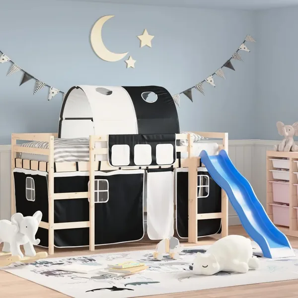 Rideaux pour lit mezzanine avec tunnel blanc et noir polyester