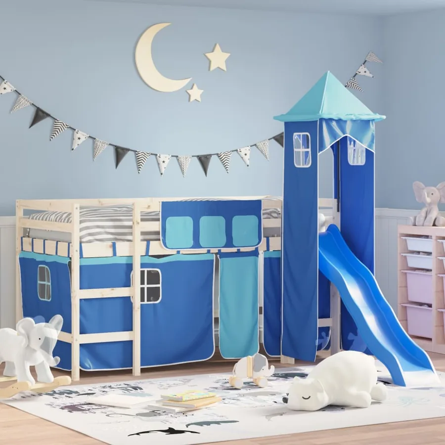 Rideaux pour lit mezzanine avec tour bleu polyester
