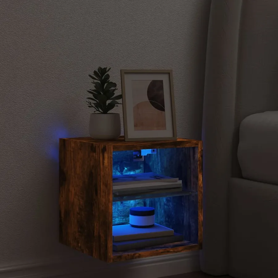 Meuble TV mural avec lumières LED chêne fumé 30x28,5x30 cm - 3