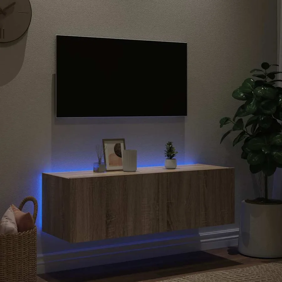 Meuble TV mural avec lumières LED chêne sonoma 100x35x31 cm - 4