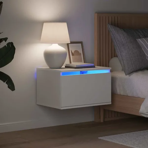 Tables de chevet murales avec lumières LED 2 pcs blanc