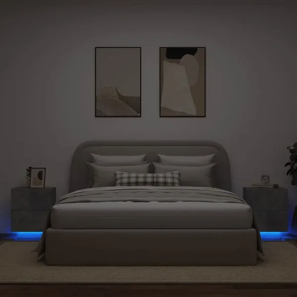 Armoires de chevet et lumières LED 2 pcs gris béton