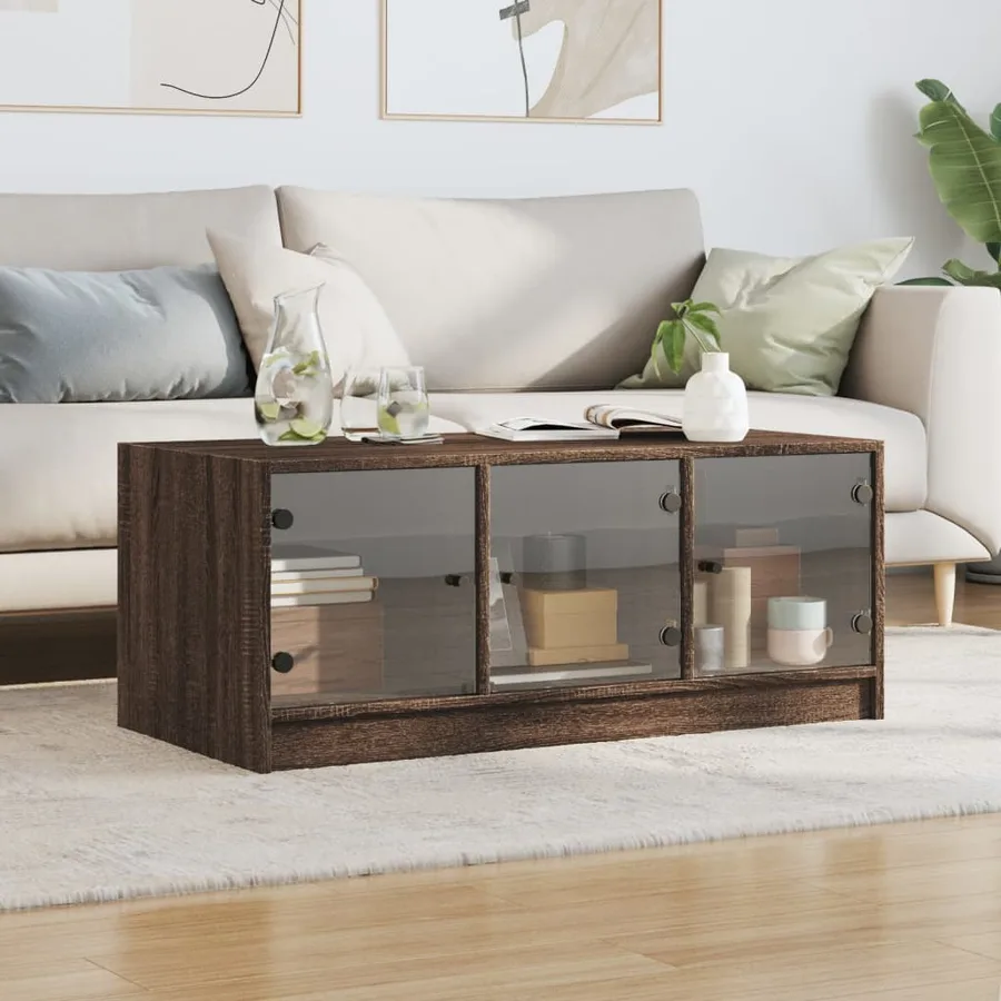 Table basse avec portes en verre chêne marron 102x50x42 cm - 3