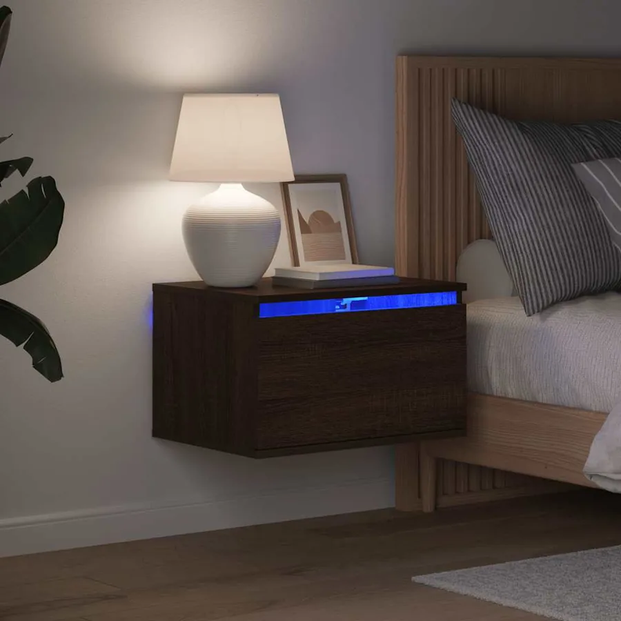 Table de chevet murale avec lumières LED chêne marron