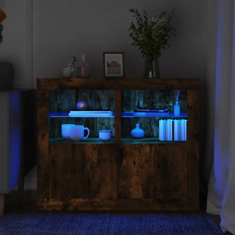 Armoires latérales et lumières LED 2 pcs chêne fumé