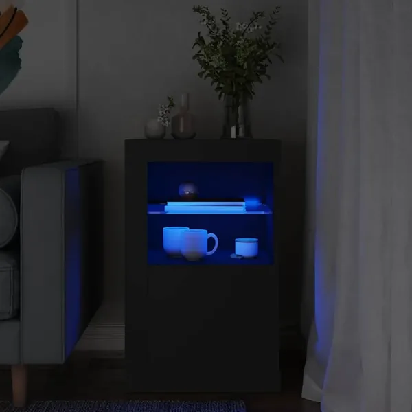 Armoire latérale avec lumières LED noir bois d'ingénierie