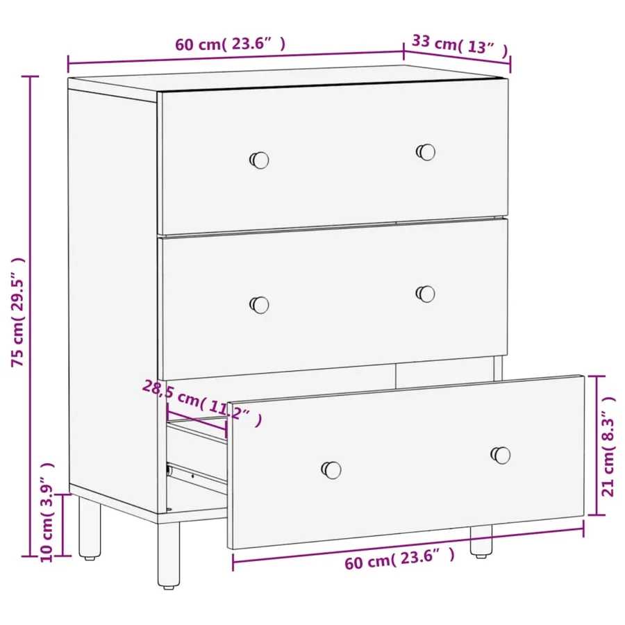 Armoire latérale noir 60x33x75 cm bois massif de manguier - 12