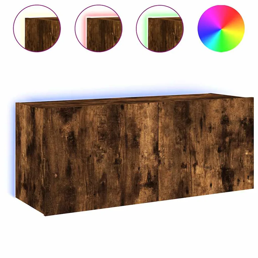 Meuble TV mural avec lumières LED chêne fumé 100x35x41 cm - 2
