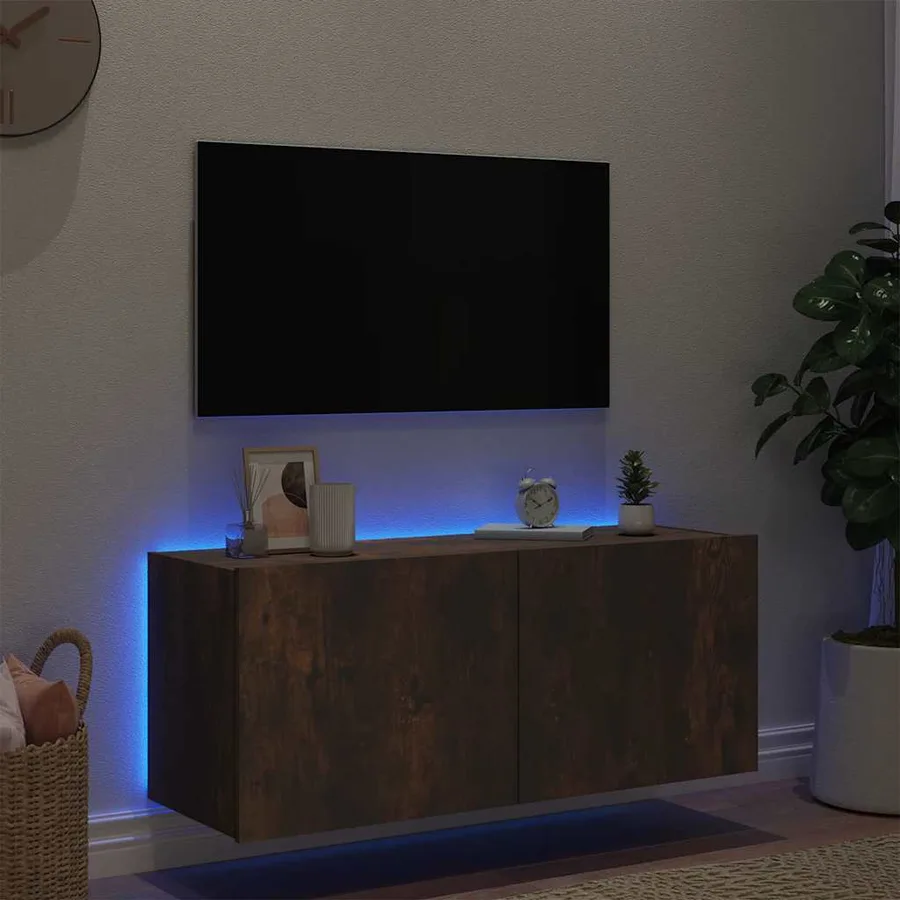 Meuble TV mural avec lumières LED chêne fumé 100x35x41 cm - 4