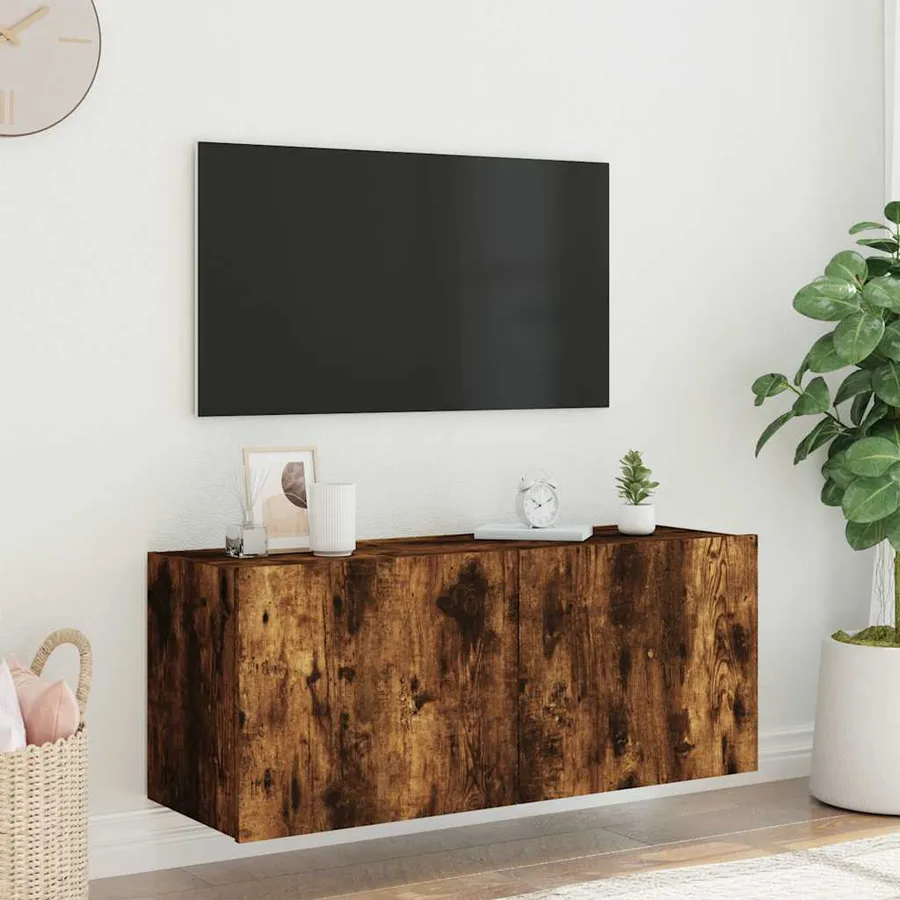 Meuble TV mural avec lumières LED chêne fumé 100x35x41 cm - 5