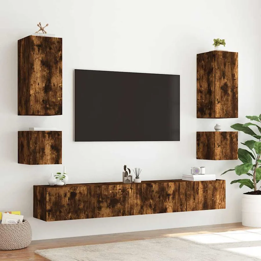 Meuble TV mural avec lumières LED chêne fumé 100x35x41 cm - 6
