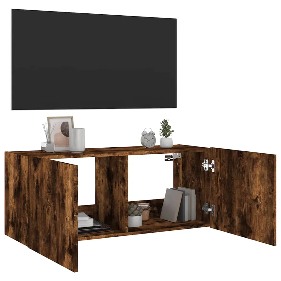 Meuble TV mural avec lumières LED chêne fumé 100x35x41 cm - 7