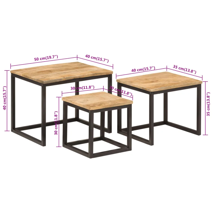Tables basses gigognes 3 pcs bois massif de manguier et fer - 9