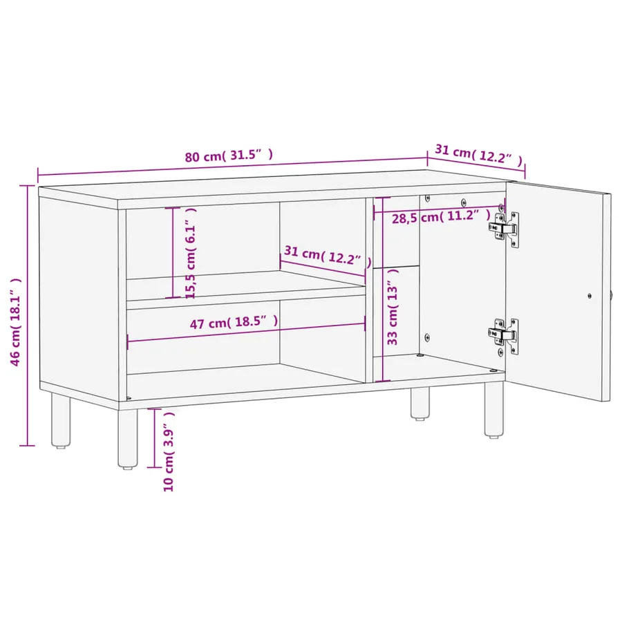 Meuble TV noir 80x31x46 cm bois massif de manguier - 11