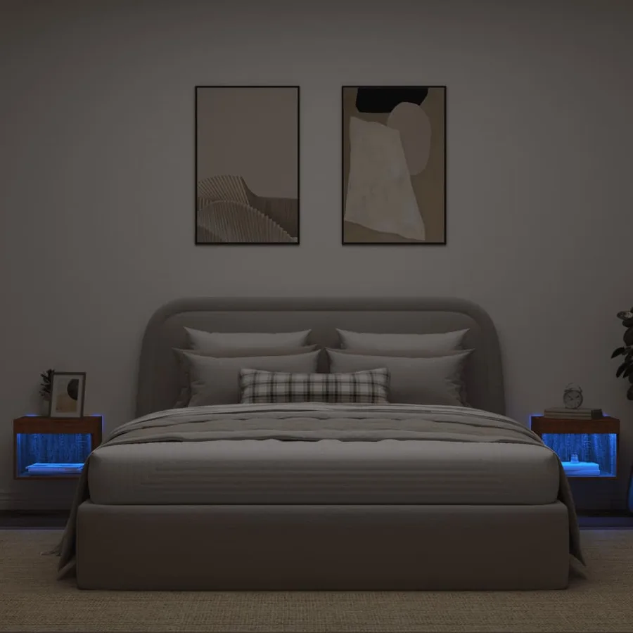 Tables de chevet murales avec lumières LED 2 pcs chêne marron - 3