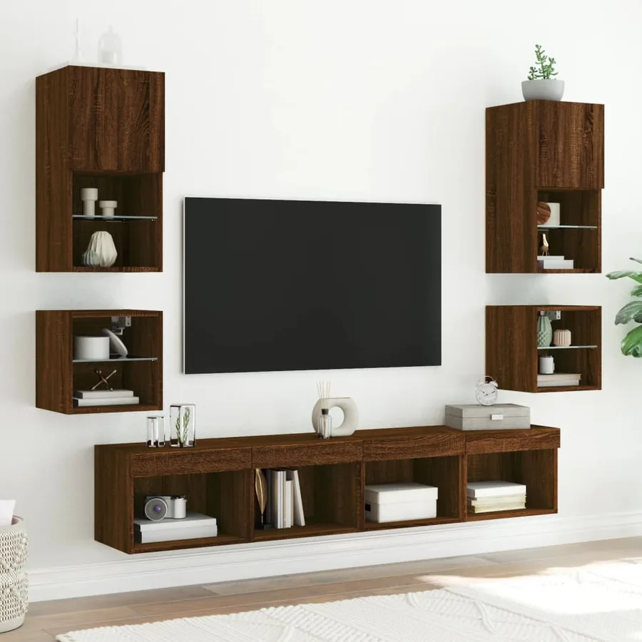 Tables de chevet murales avec lumières LED 2 pcs chêne marron - 5