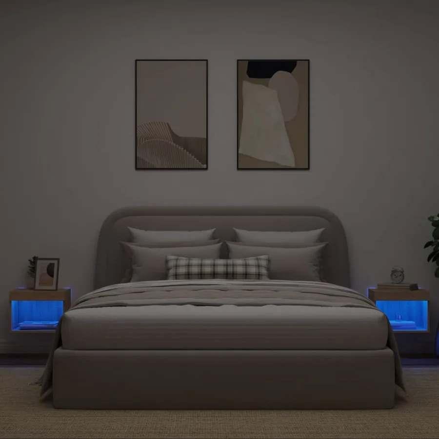 Tables de chevet murales avec lumières LED 2 pcs chêne sonoma - 4