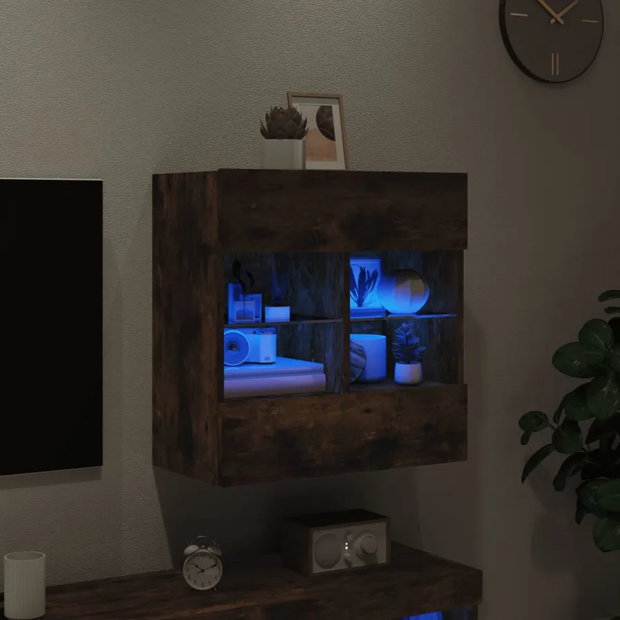 Meuble TV mural avec lumières LED chêne fumé 58,5x30x60,5 cm - 3