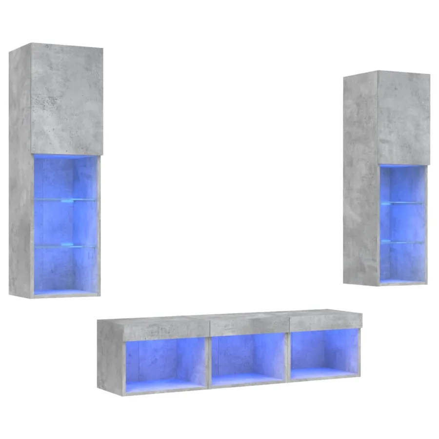 Unités murales TV avec LED 5 pcs gris béton bois d'ingénierie - 2