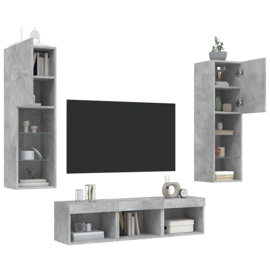Unités murales TV avec LED 5 pcs gris béton bois d'ingénierie - 4