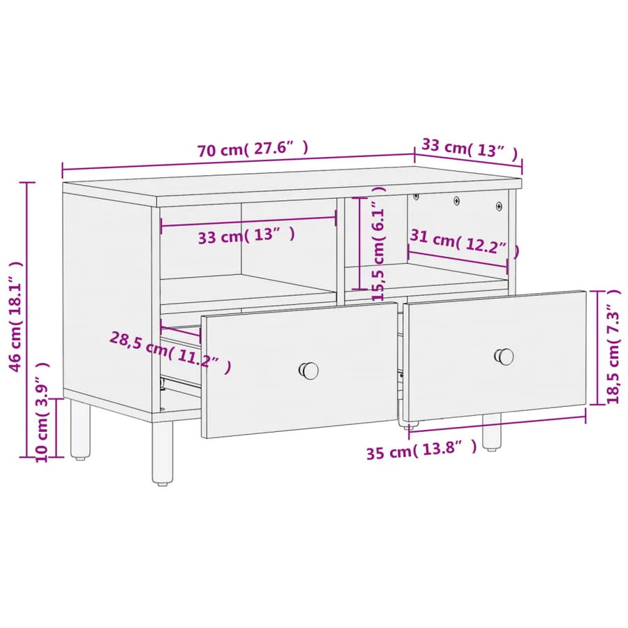 Meuble TV noir 70x33x46 cm bois massif de manguier - 10