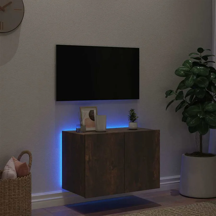 Meuble TV mural avec lumières LED chêne fumé 60x35x41 cm - 4