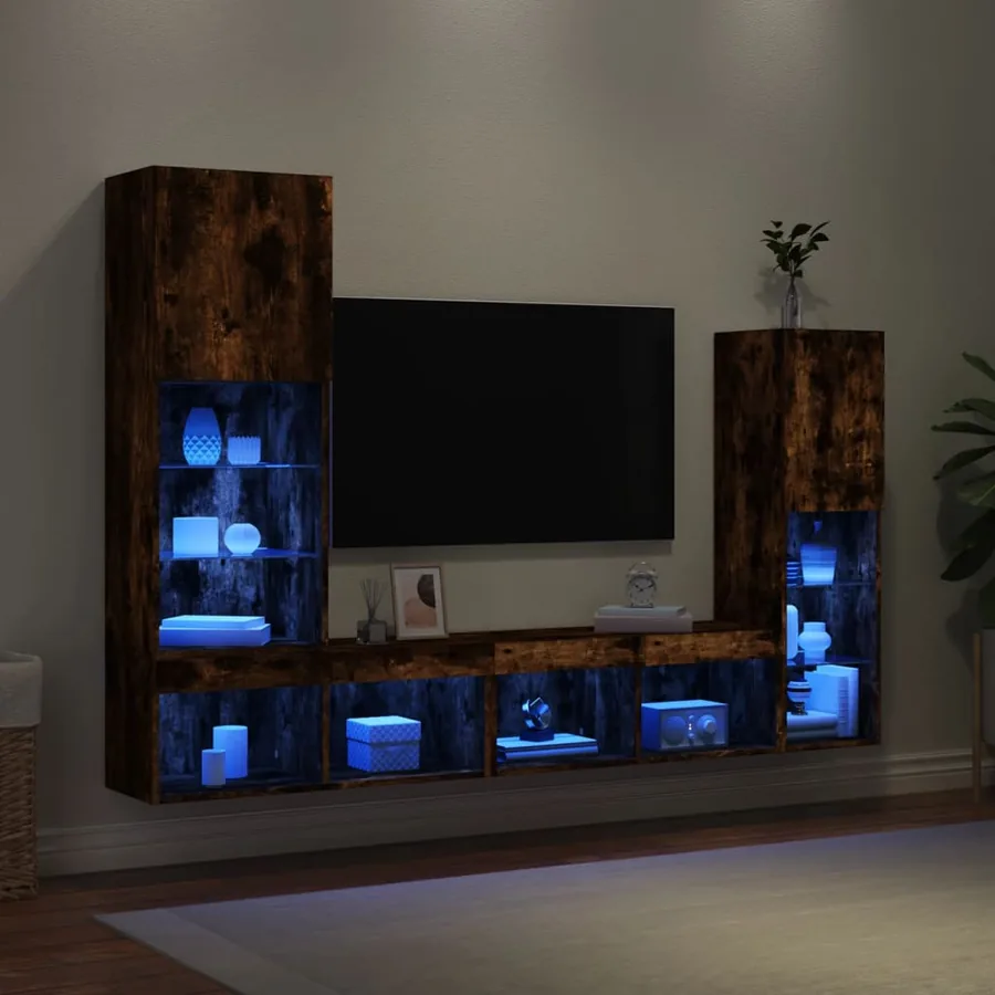 Unités murales TV avec LED 4 pcs chêne fumé bois d'ingénierie