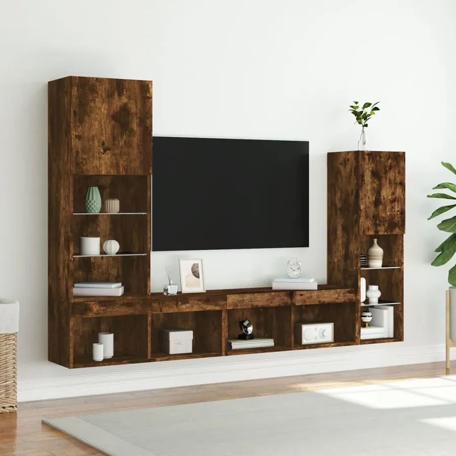 Unités murales TV avec LED 4 pcs chêne fumé bois d'ingénierie - 4