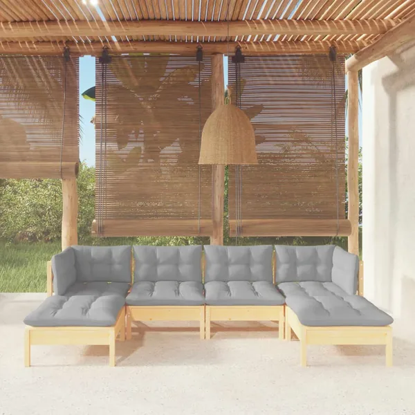 Salon de jardin 6 pcs avec coussins gris bois de pin