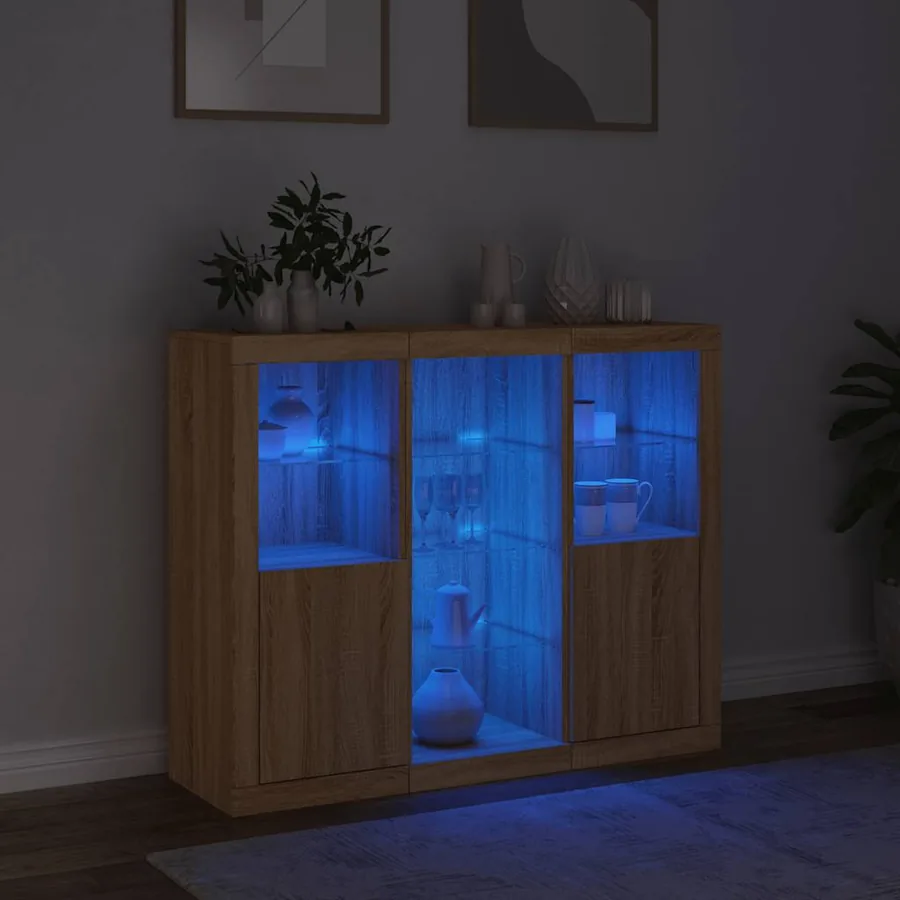 Buffets avec lumières LED 3 pcs chêne sonoma bois d'ingénierie - 3