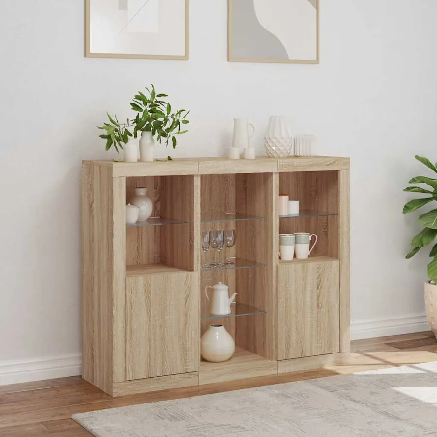 Buffets avec lumières LED 3 pcs chêne sonoma bois d'ingénierie - 4