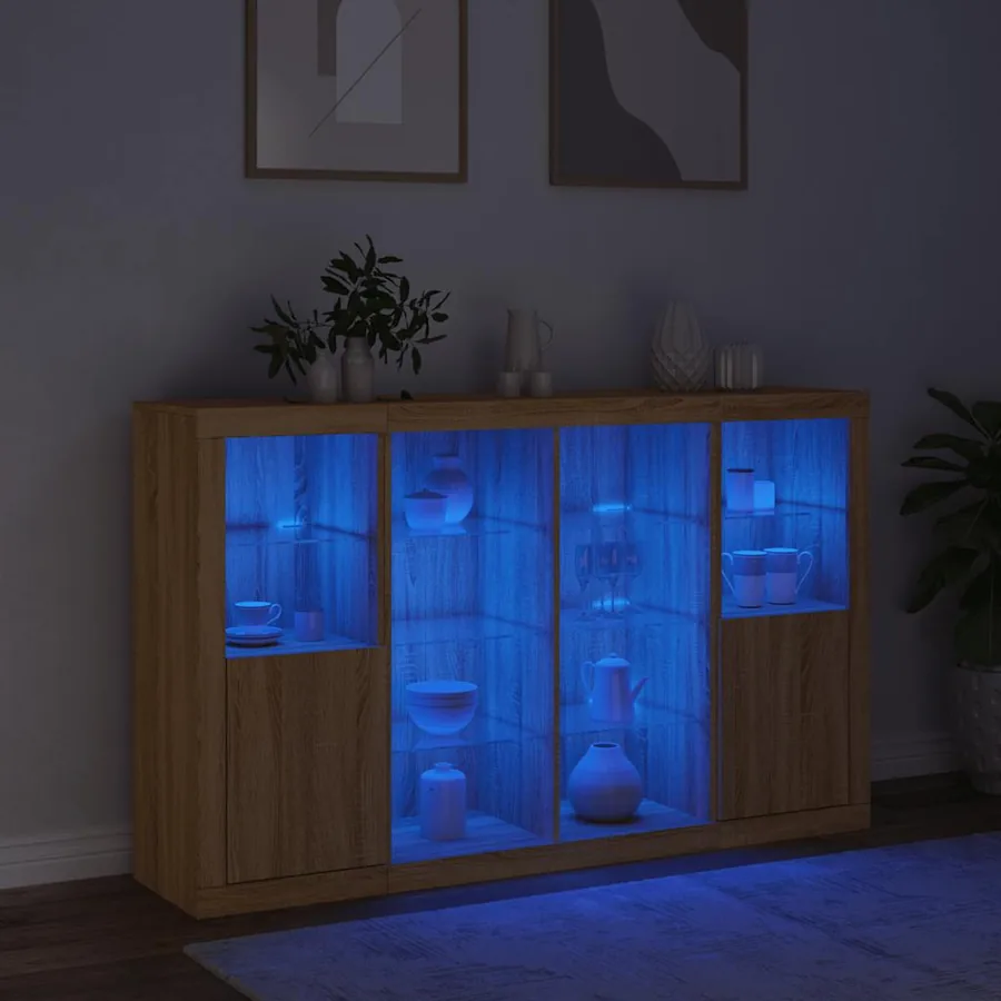 Buffets avec lumières LED 3 pcs chêne sonoma bois d'ingénierie - 3